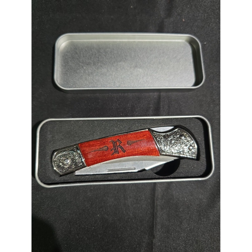 Laser Gifts Letter R Inscription Pocket Knife Wood Handle Stainless Steel